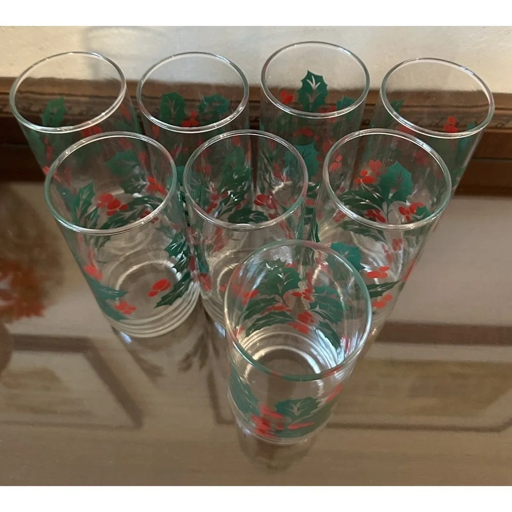 Vintage‎ Indiana Glass Holly Berries Christmas Tumblers Holiday 16 oz Set of 8